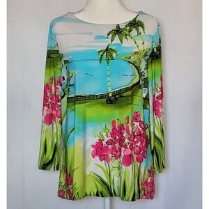 Investments Womens Scoop Neck Colorful Beach Vacation Scene Blouse Top Sz: XL